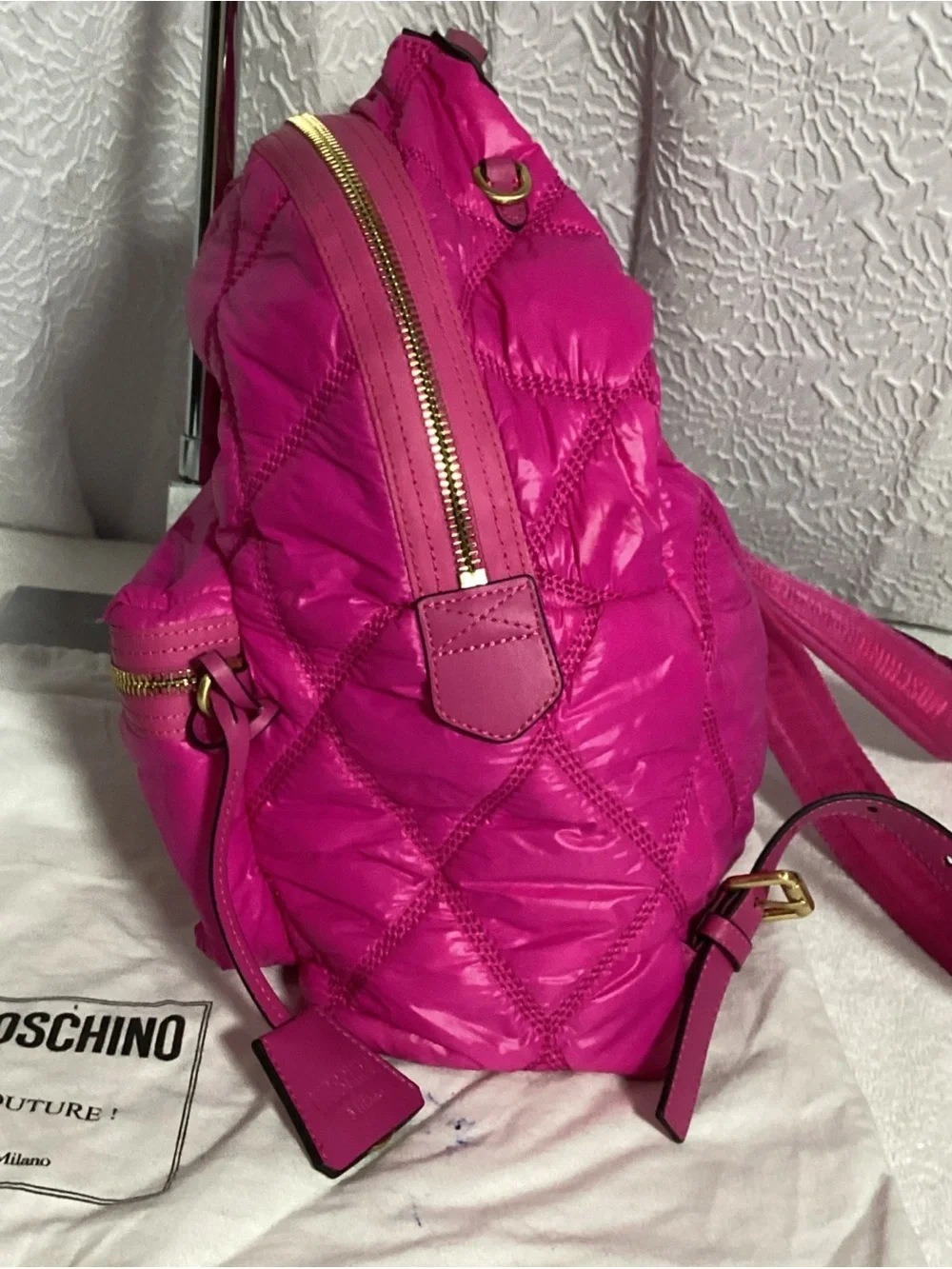 Moschino Quilted Hot Pink Large Nylon Backpack w/ Gold Studded Logo